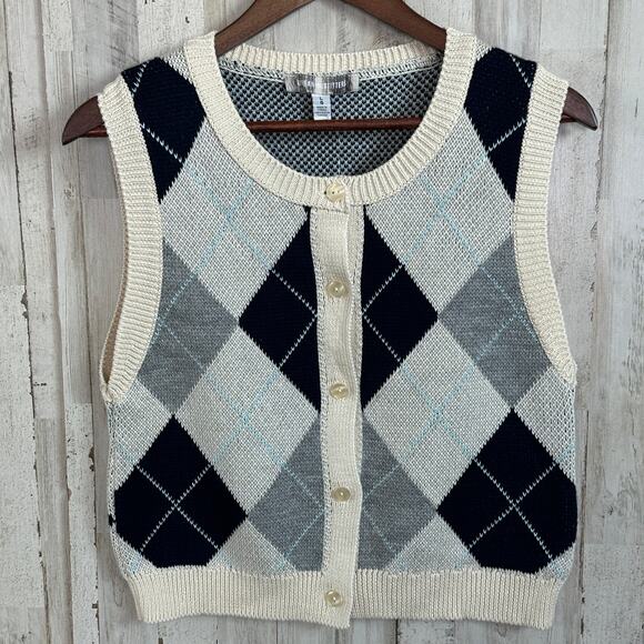 NWT Urban Outfitters Argyle Cardigan Vest Large Petite Cropped Blue Gray Preppy - Picture 1 of 8